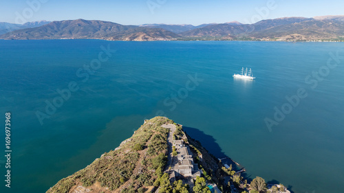 Aerial view of large sail boat at sea
