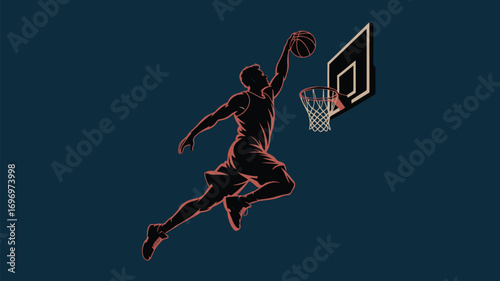 Dynamic basketball player soars high for an epic slam dunk, capturing athletic power and peak performance