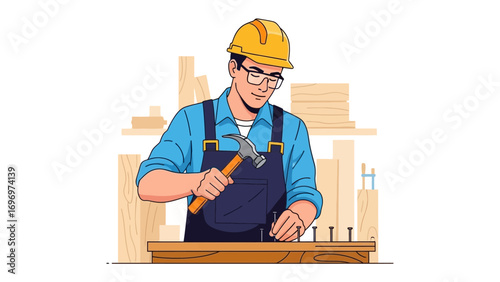 Handyman at Work: A skilled handyman, wearing safety gear and glasses, expertly drives nails into a wooden plank with precision, showcasing the craftsmanship. 
