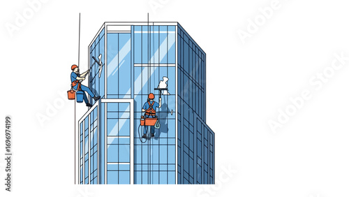 Glass Facade Maintenance: Two window cleaners suspended by safety harnesses meticulously maintain the glass facade of a modern architectural masterpiece.