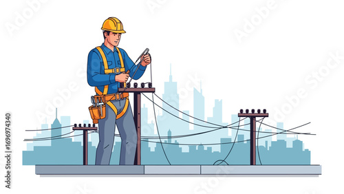 Power Line Worker: A diligent lineman expertly repairs high-voltage power lines, showcasing a blend of modern technology with urban backdrop.