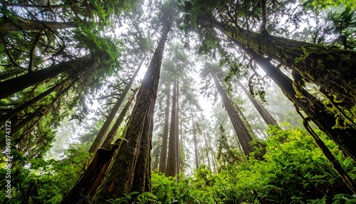 Majestic Canopy: A Worm's Eye View of Towering Trees in Verdant Forest