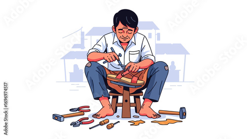 Artisan's Craftsmanship: An artisan meticulously works on crafting a leather product, his focused expression capturing the essence of skill and traditional trade.