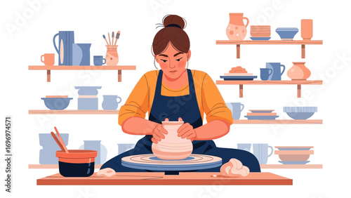 Potter at Work: An artist, fully engrossed in her craft, molds a clay vessel with precision, set against a backdrop of ceramic pieces, conveying creativity and artistry.