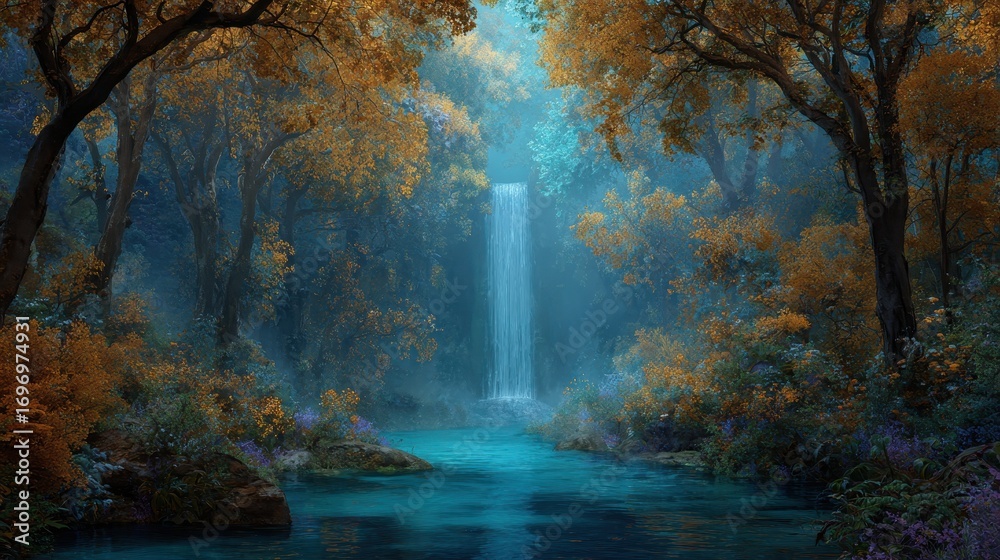 Fototapeta premium Enchanting Waterfall in a Mystical Forest: A Fantasy Landscape of Nature's Beauty