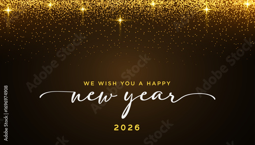 Happy New Year 2026 with gold stars and sparkles