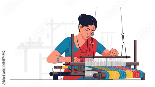 Woman Weaver at the Loom: A woman delicately operates a traditional loom, intricate hand-weaving colorful fabrics with precision and skill.