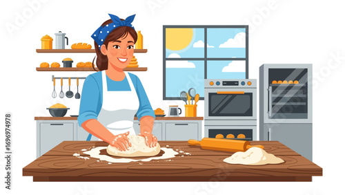 Woman Baker: A woman baker kneads dough with skill and passion, embodying the art of baking. Capturing warmth, tradition, and the joy of creating something delicious in kitchen.