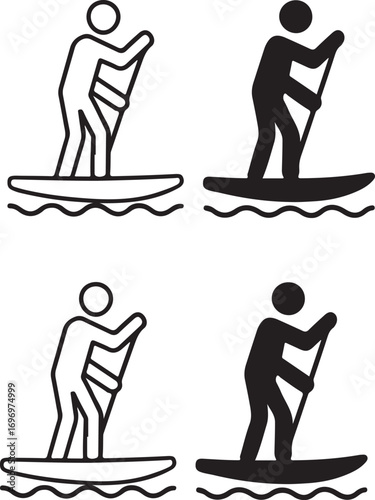 Isolated paddleboarding icons, minimal paddle board set, black paddle design, line paddle vector, paddle outline symbol, silhouette paddleboarding icon, editable paddle vector, sport art