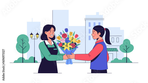 Flower Exchange: A floral exchange between the florist and a customer in urban setting, illustrating the simple joys of giving and receiving.