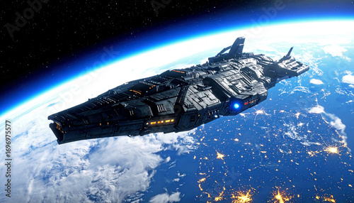 Ultra realistic 3D render of a colossal alien spaceship orbiting Earth. Futuristic sci fi starship, cinematic space battleship, extraterrestrial spacecraft above planet atmosphere