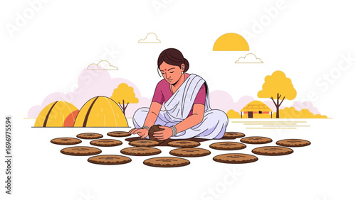 Daily Life of a Lady: The illustration captures the quiet dignity of a lady absorbed in a timeless task, offering a glimpse into the simple beauty of everyday life.