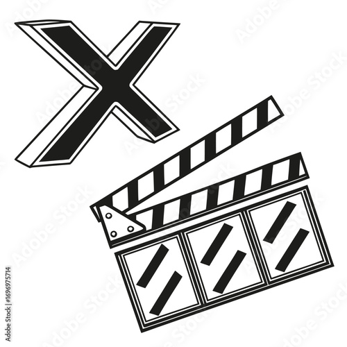 Stylish black and white film slate art with modern letter X for creative movie projects and entertainment branding designs