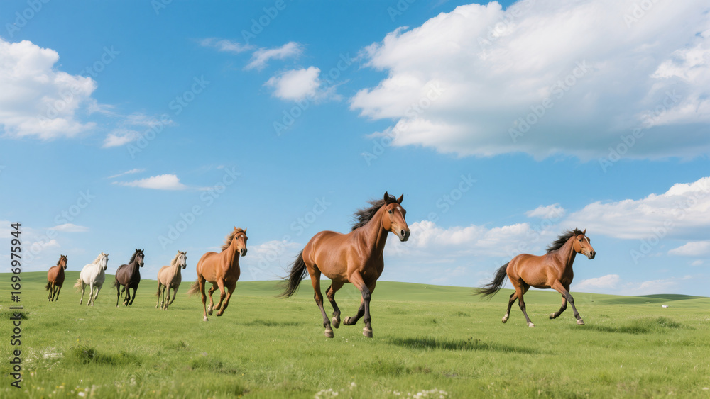 Fototapeta premium Grassland & Blue Sky Running Horse Natural Outdoor Photography