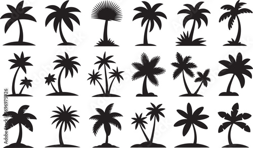 Set of various black palm tree silhouettes isolated on white background, tropical island vacation travel summer beach vector flat illustration