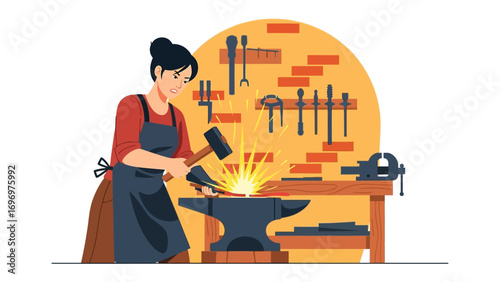 Blacksmith at Work: A determined artisan is at work in a classic workshop, hammering metal with precision and focus, embodying the spirit of craftsmanship and creation. 