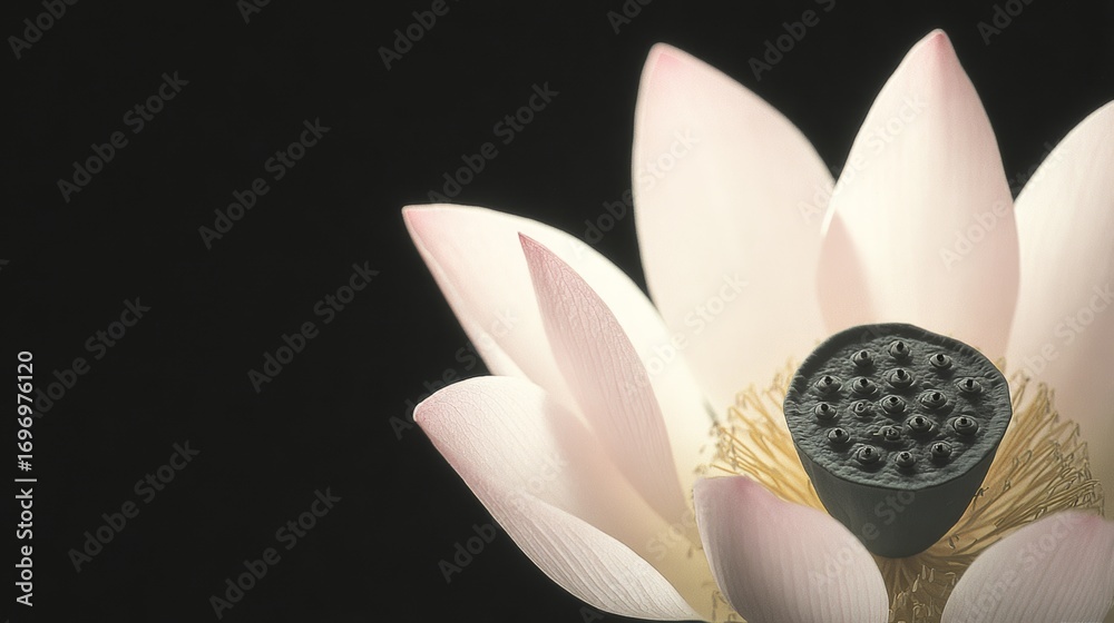 Obraz premium Macro close-up of an elegant lotus flower with soft pink petals and a central seed pod on a clean white background featuring minimalist style