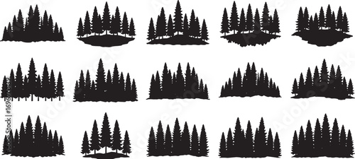 Forest and Mountain Tree Silhouette Vector with Pine, Fir, and Evergreen Landscape