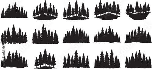 Forest and Mountain Tree Silhouette Vector with Pine, Fir, and Evergreen Landscape