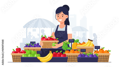Fresh Market Vendor with Fruits: A vibrant illustration of a cheerful market vendor surrounded by an array of fresh, colorful fruits, inviting viewers to experience the abundance of the local harvest.