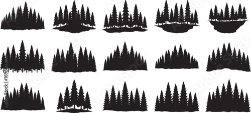 Forest and Mountain Tree Silhouette Vector with Pine, Fir, and Evergreen Landscape