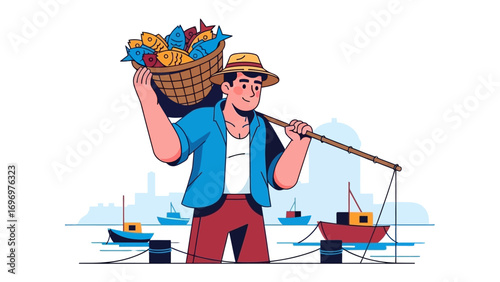 The Fisherman's Daily Catch: An illustration of a fisherman carrying a basket brimming with fresh fish, a testament to the day's work and the bounty of the sea.