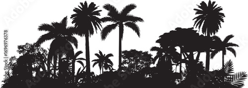 Jungle landscape. Vector background with silhouette of rainforest. Horizontal black panoramic border with palms, trees and bushes.