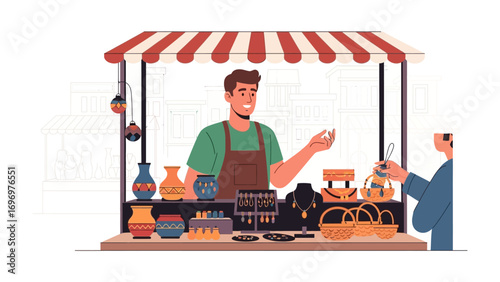 Artisan Market Display: A friendly artisan showcases handcrafted goods at their market stall, interacting with a customer in a vibrant display of culture and commerce. 