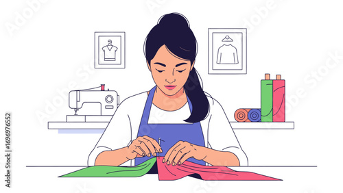 Crafting Excellence: A meticulous seamstress focuses on her craft, surrounded by her tools in this vector style. Her focused expression speaks of dedication, creativity, and skill.