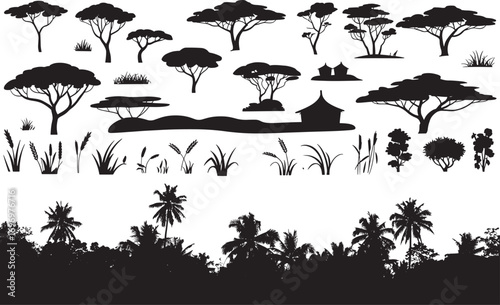 African Savanna Silhouette Vector Set with Plants, Trees, and Wildlife Illustration