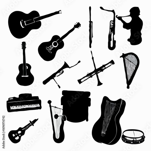 A vector silhouette collection of various tools and musical instruments, like a hammer and a guitar, for design and work