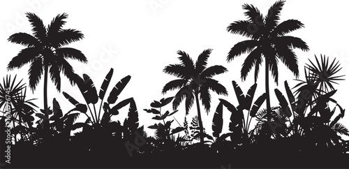 Jungle landscape. Vector background with silhouette of rainforest. Horizontal black panoramic border with palms, trees and bushes.