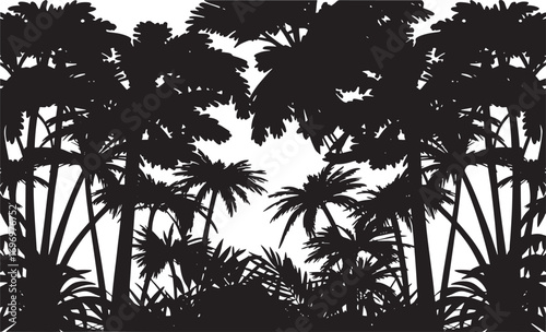Jungle landscape. Vector background with silhouette of rainforest. Horizontal black panoramic border with palms, trees and bushes.
