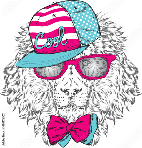 Lion in cap and glasses. Vector illustration for greeting card, poster, or print on clothes.