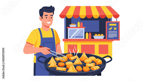 Street Food Stall: A cheerful food vendor, expertly handling his tools to prepare a delightful array of golden-brown delicacies, surrounded by the inviting ambiance of his street food stall.