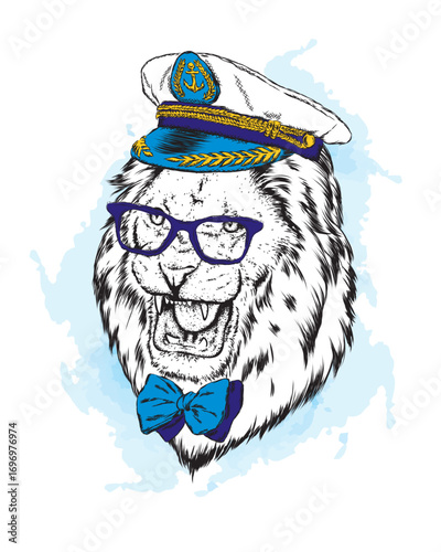 Lion in the captain's cap. Vector illustration.