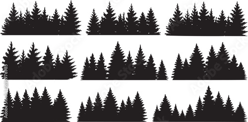 Fir trees silhouettes set. Coniferous spruce horizontal background patterns, black evergreen woods vector illustration. Beautiful hand drawn panorama with treetops forest. Black pine woods