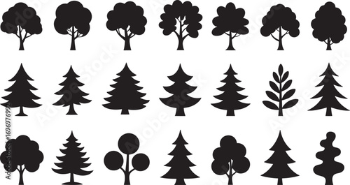 Silhouette of Evergreen Trees Set on White Background,Pine fir tree tall tree isolated premium vector image, black and white tree silhouettes,coniferous trees, pine trees,fir trees silhouettes set,Ai