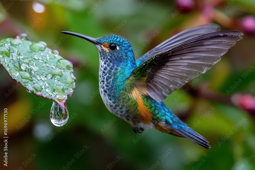 Obraz premium Hummingbird in Flight Near Water Droplet on a Leaf