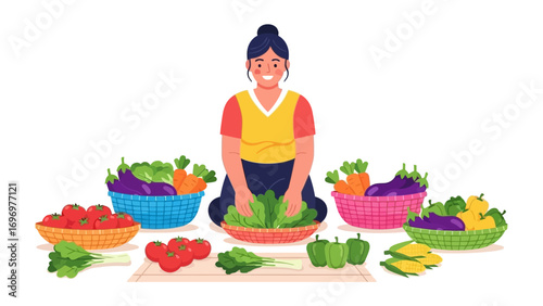 Fresh Produce Prep: A woman surrounded by a colorful array of fresh vegetables gets ready to prepare nutritious and wholesome meal.