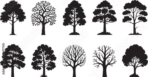 Tree Silhouette Vector Collection – Forest Icons, Branches, Leaves, Oak, Pine, Birch, Nature Elements Set