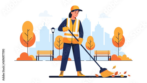 Public Servant at Work: A dedicated public servant diligently sweeps fallen leaves from a city pathway, contributing to a clean and orderly urban environment.