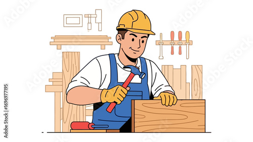 Craftsman Crafting: A skilled craftsman, hands adorned in protective gloves, meticulously employs a hammer, shaping the essence of wood with precision, artistry, and mastery