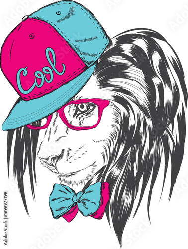 Lion in cap and glasses. Vector illustration for greeting card, poster, or print on clothes.