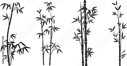 Bamboo Silhouette Vector Set with Leaves, Stems, and Tropical Forest Elements
