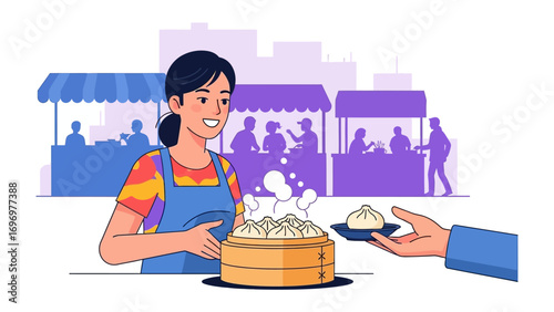 Culinary Transaction: A food stall vendor hands a plate with fresh dumpling to a person in bustling market. Emphasizing the heart of gastronomy and the joy of culinary exchange.