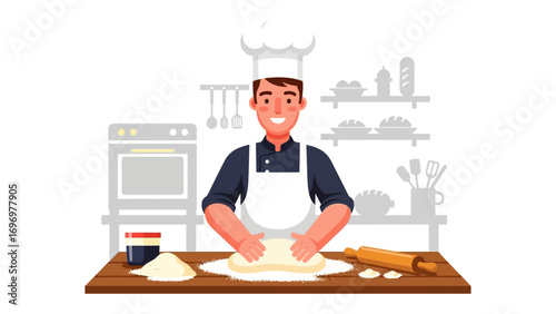 The Baker's Craft: An illustration of a smiling baker kneading dough with focus, showcasing the artistry and dedication in the kitchen.