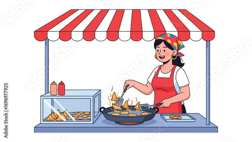 Street Vendor at Food Stall: An Illustration of a friendly street vendor cheerfully prepares golden, crispy treats in a vibrant outdoor food stall setting.