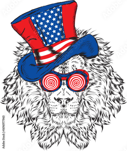 Hipster. Poster . Print . Greeting card with animals. Leo hat .