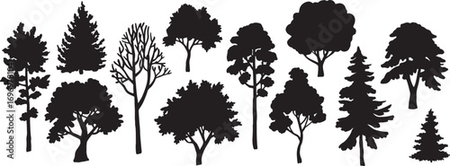 Tree Silhouette Vector Collection – Evergreen Pine, Oak, Fir, and Deciduous Forest Elements for Nature and Ecology Design